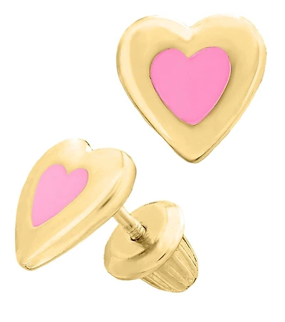 14K Gold Pink Enamel Heart Earrings