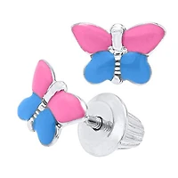 Pink and Blue Butterfly Silver Kids Stud Earrings