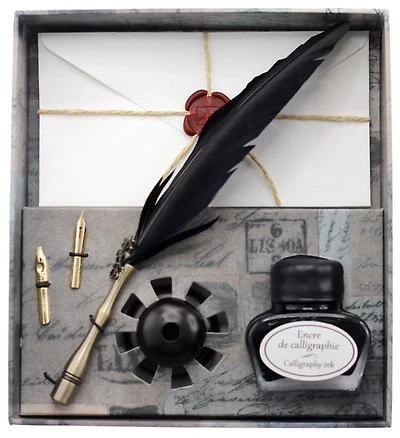 Ens. Calligraphie plume noire avec 2 pointes, encre 30ml, support en bois & 5 enveloppes