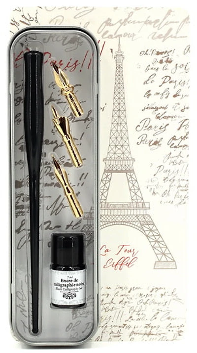 Ens. Calligraphie plume Noire avec 3 pointes et encrier 7ml
