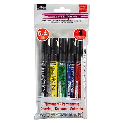 Pqt 5 marqueurs acrylique - 1.2mm - asst couleurs primaires