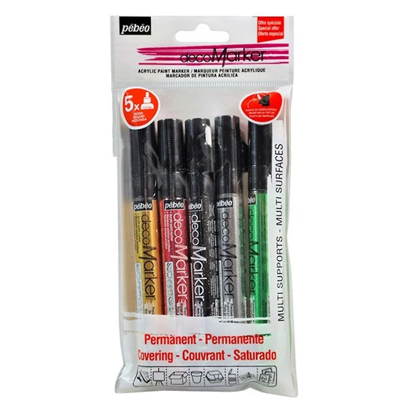 Pqt 5 marqueurs acrylique - 1.2mm - asst précieux