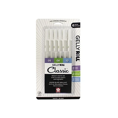 Ens. 6 stylos gel gelly roll blanc pointes assorties