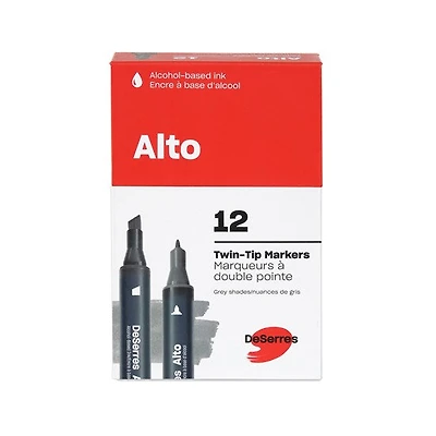 Ens. 12 marqueurs alto, gris - pointe biseautée et fine