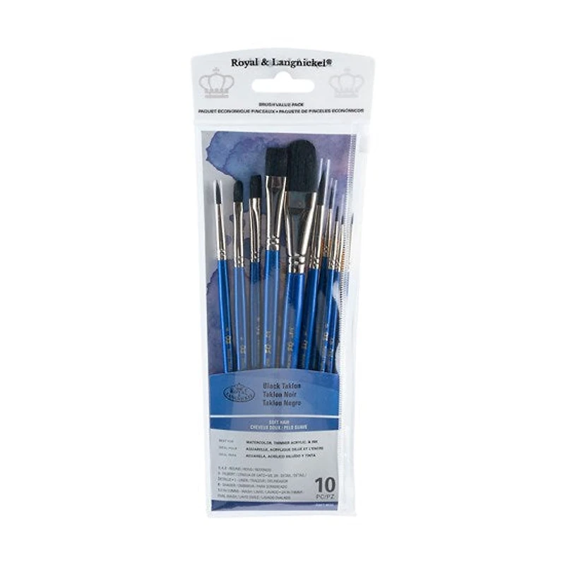 Ens. 10 pinceaux en taklon noir ronds/lavis