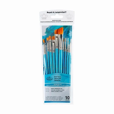 Ens. 10 pinceaux en taklon doré angulaires et ronds