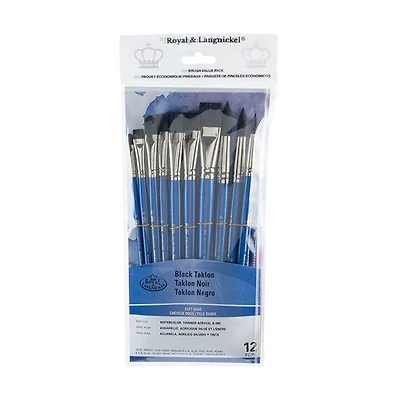 Ens. 12 pinceaux en taklon noir carrés/ronds