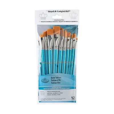 Ens. 12 pinceaux en taklon or carrés/plats