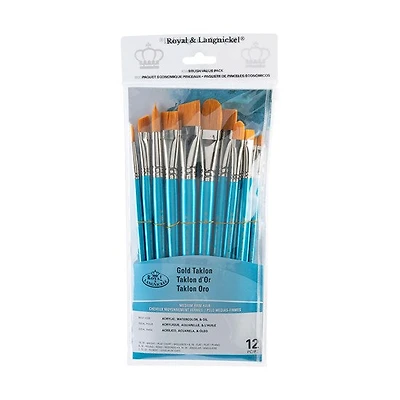 Ens. 12 pinceaux en taklon or carrés/angulaires