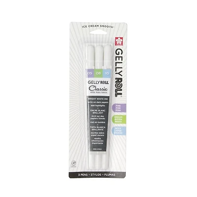Set of 3 gel pens gelly roll white assorted tips