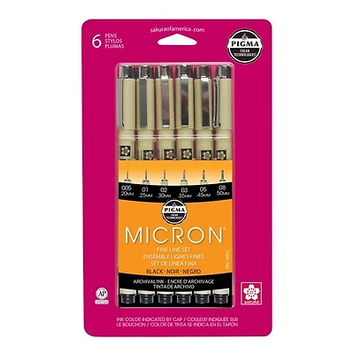 Ens. 6 feutres pigma micron noir lignes fines