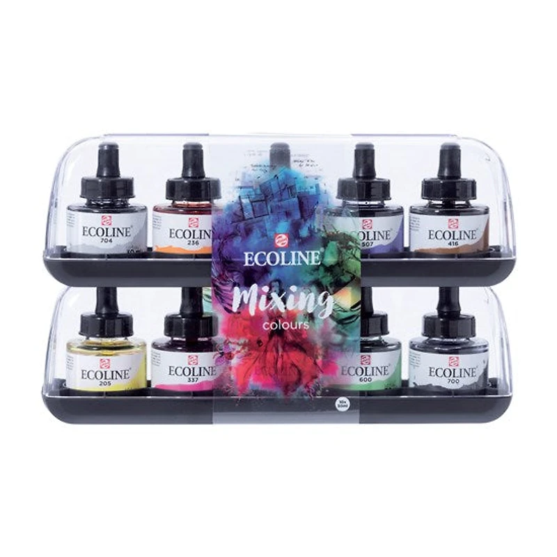 Ens. 10 bouteilles d'encre aquarelle ecoline mélange - 30ml