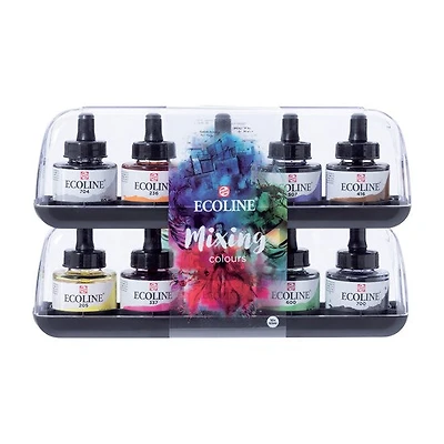 Ens. 10 bouteilles d'encre aquarelle ecoline mélange - 30ml