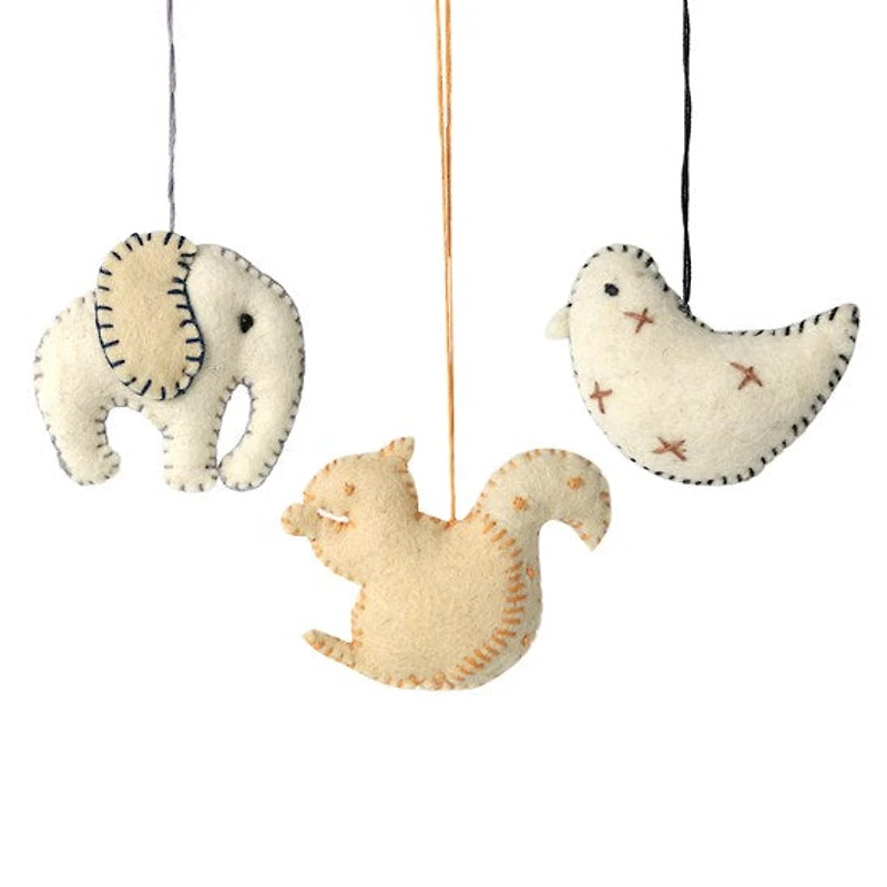 Ens. 3 ornements en feutrine - oiseau, écureuil et éléphant