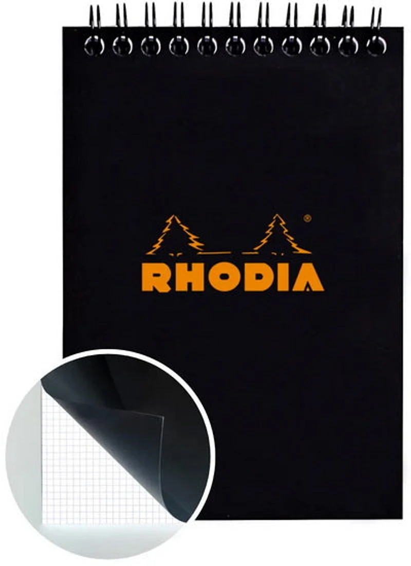 Bloc-notes à spirale rhodia - quadrillé - noir - 105 x 148 millimètres
