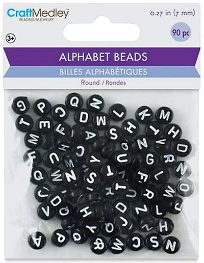 90 Perles alphabet - rond - noir et blanc -7mm