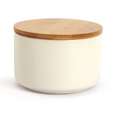 Ceramic Candle Jar w/ Bamboo Lid - 10 x 8 cm