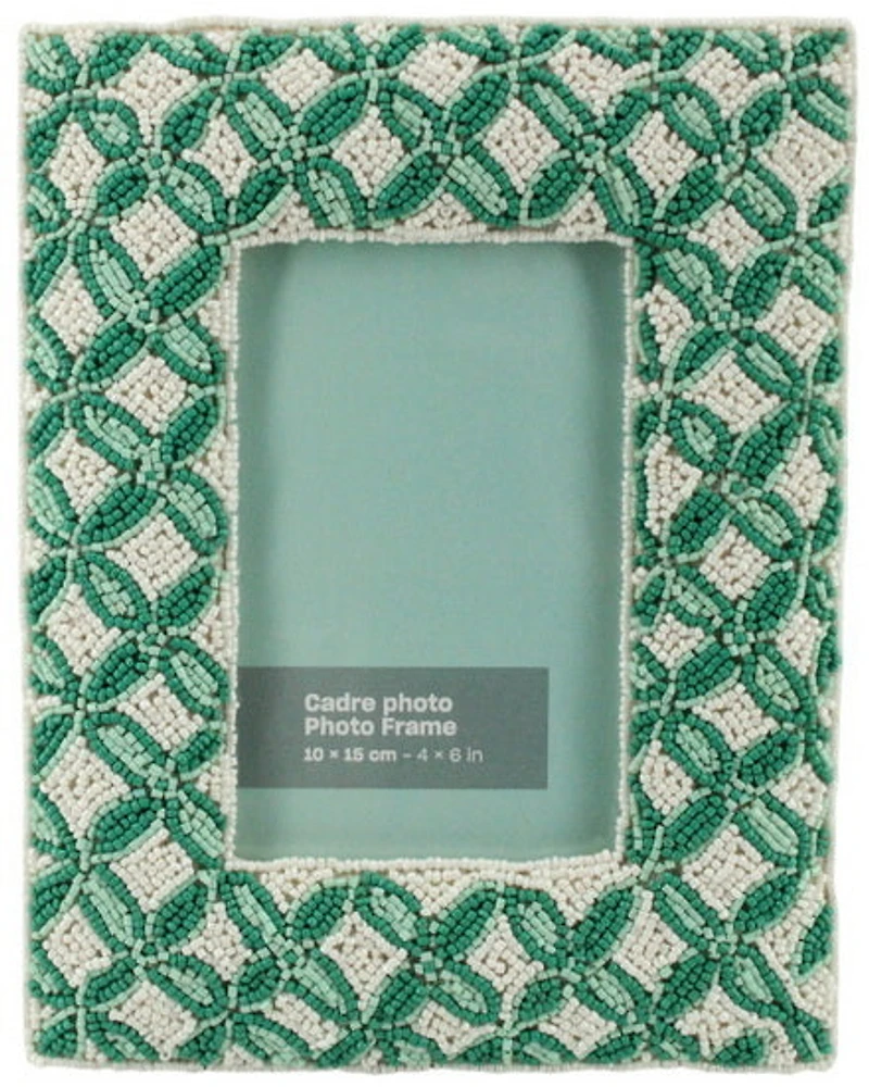 Green & ivory glass beads hand embroidered photo frame