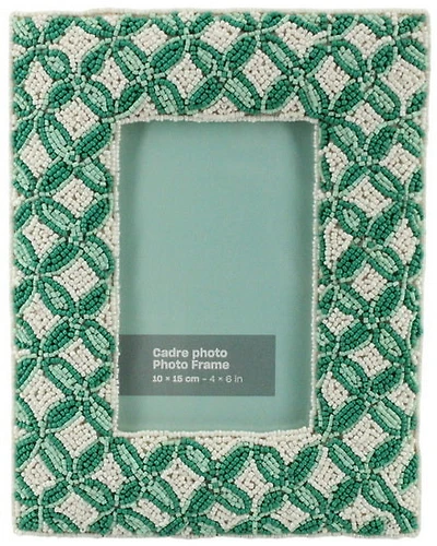 Green & ivory glass beads hand embroidered photo frame