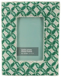 Green & ivory glass beads hand embroidered photo frame