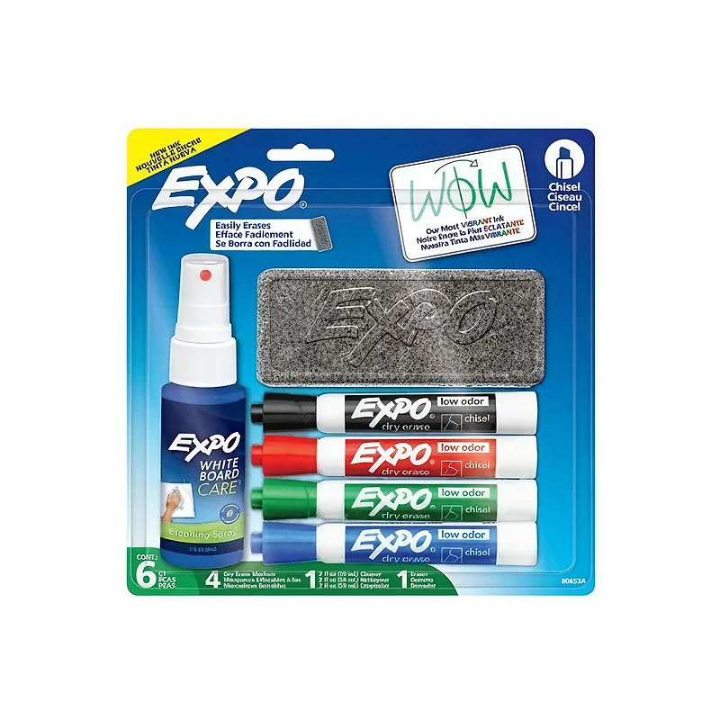 Set of 4 Chisel-Tip Dry-Erase Markers with Eraser and Cleaner
