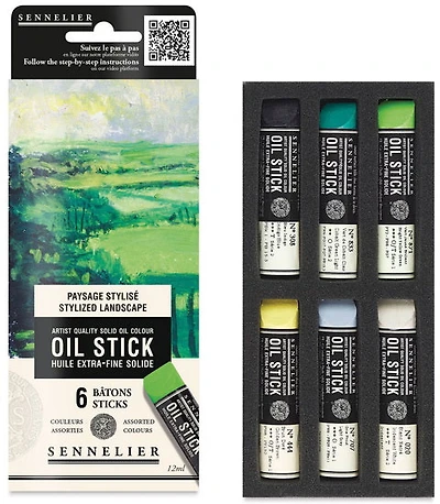 Cardboard box - 6 mini oil sticks - Stylized landscape