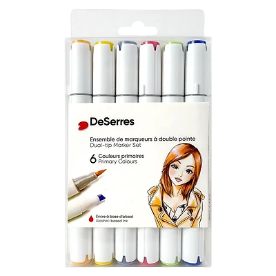 Set of 6 Dual-Tip Alcohol Markers – Primary Colors