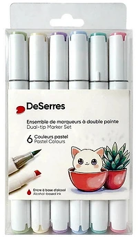 Ens. 6 marqueurs à alcool double pointe - coul. pastels