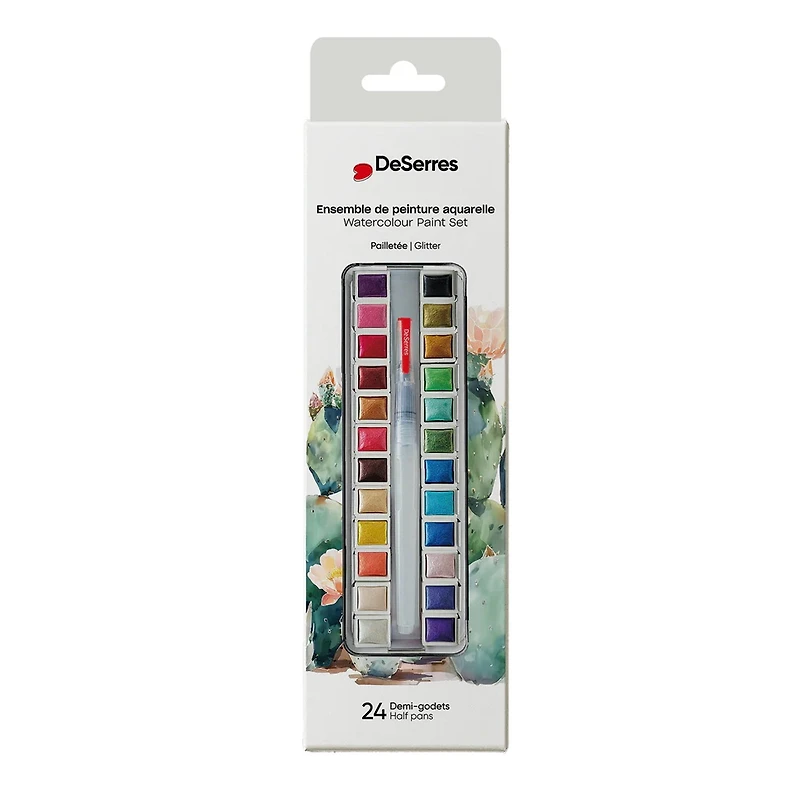 Ens. aquarelle pailletée - 24 demi-godets en bloc