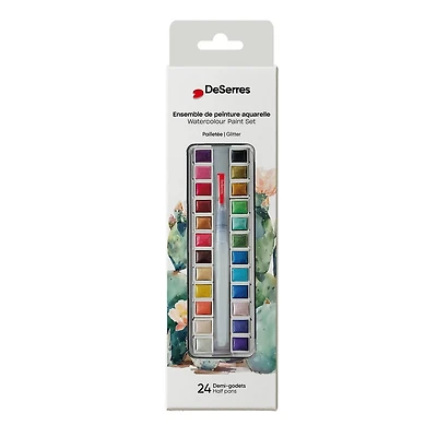 Ens. aquarelle pailletée - 24 demi-godets en bloc