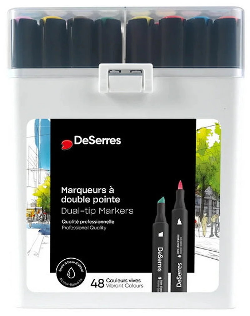 Ens. 48 marqueurs à alcool double pointe - boitier plastique