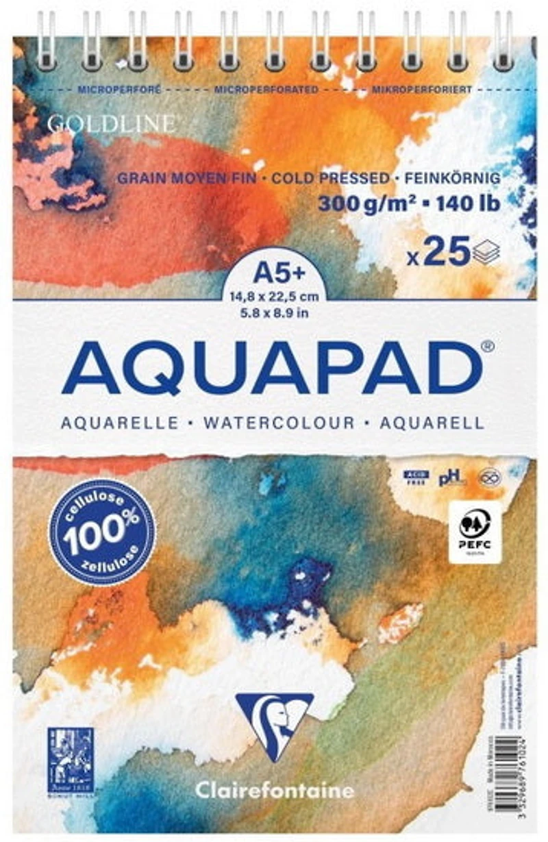 Bloc de 25 feuilles aquarelles Aquapad 300g - grain moyen fin - 14.8x22.5cm