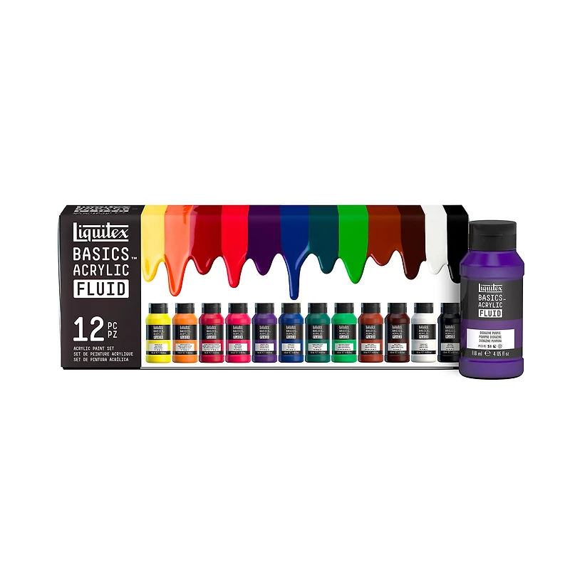 Basics Fluid Acrylic Kit - Low Viscosity, Assorted Colours, 12 Pieces