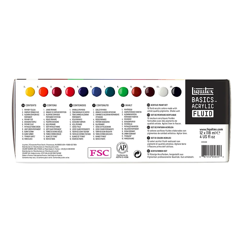 Basics Fluid Acrylic Kit - Low Viscosity, Assorted Colours, 12 Pieces