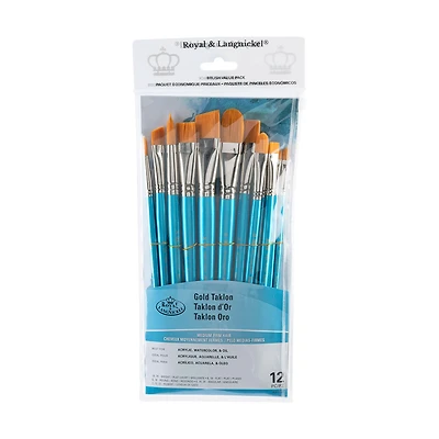 12-Pack Gold Taklon Brushes - Bright/Angular