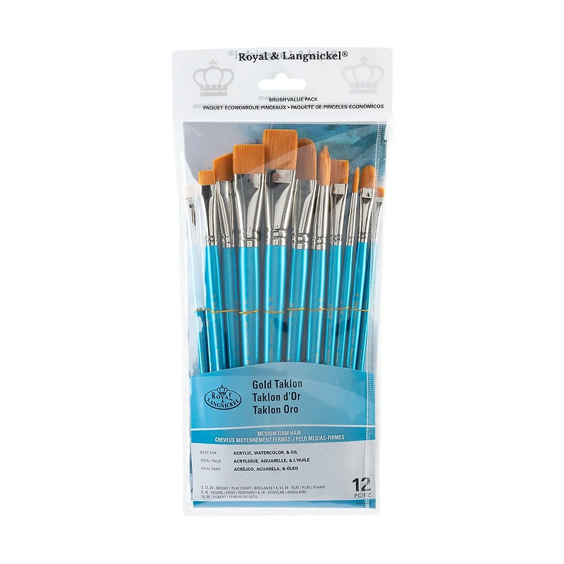 12-Pack Gold Taklon Brushes - Bright/Flat