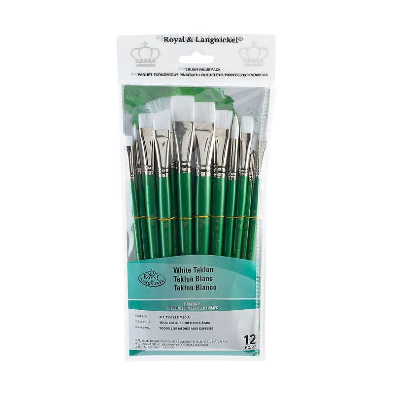 12-Pack White Taklon Brushes - Bright/Round