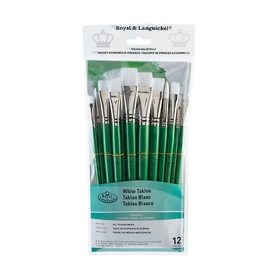 12-Pack White Taklon Brushes - Bright/Round