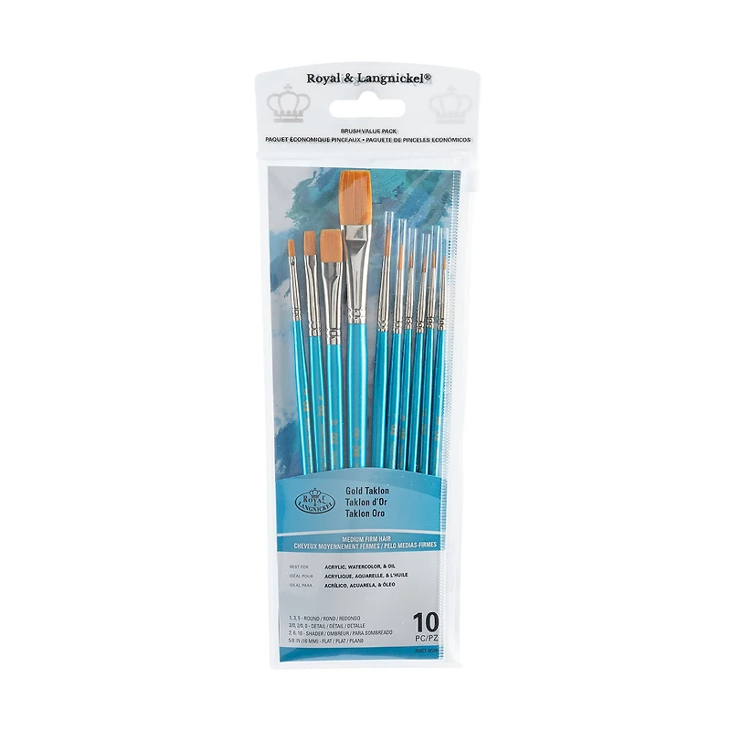 10-Pack Gold Taklon Brushes - Flat/Round