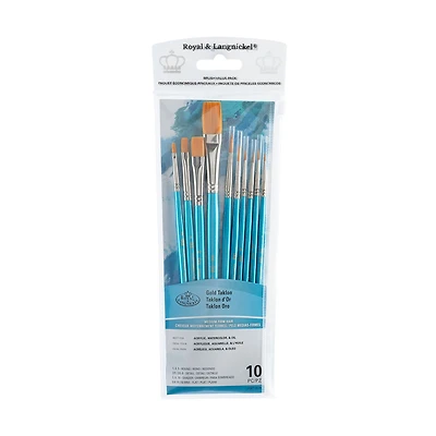 10-Pack Gold Taklon Brushes - Flat/Round