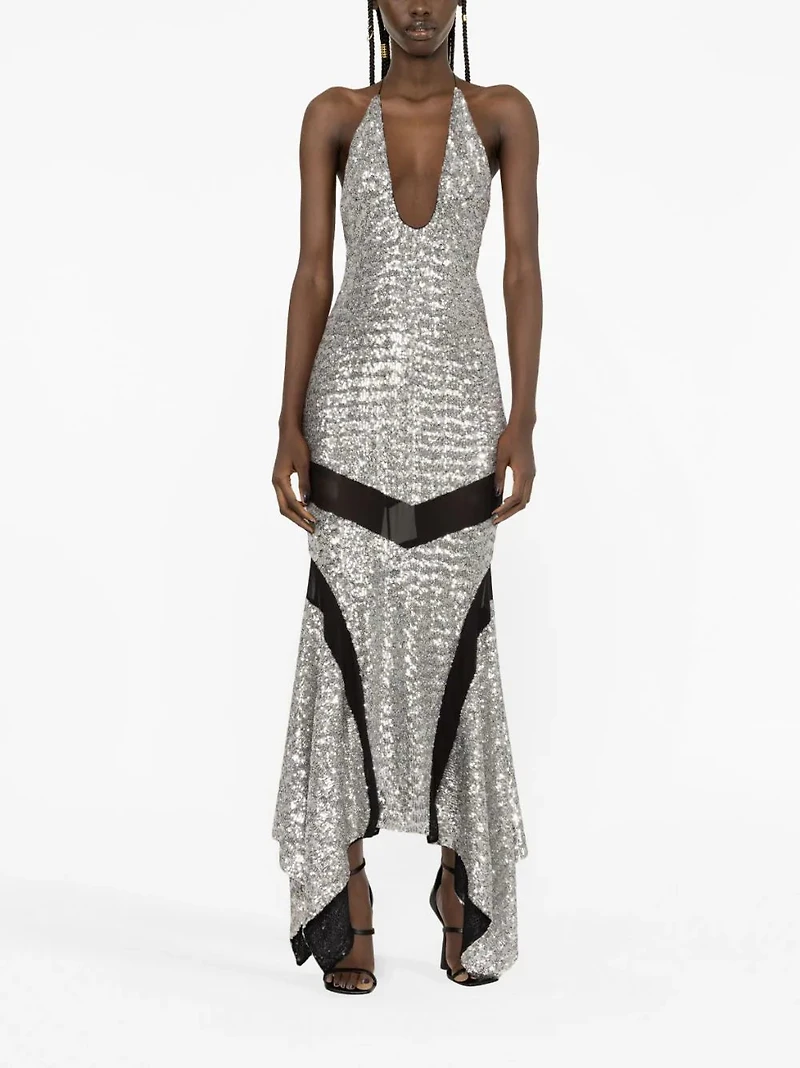 THE ATTICO - Sequin Halter Dress in Silver