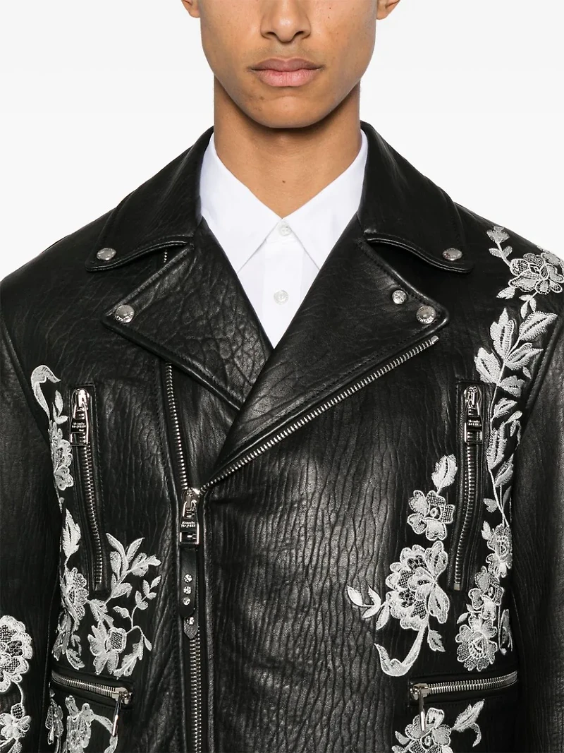 ALEXANDER MCQUEEN - FLORAL EMBROIDERED LEATHER BIKER JACKET