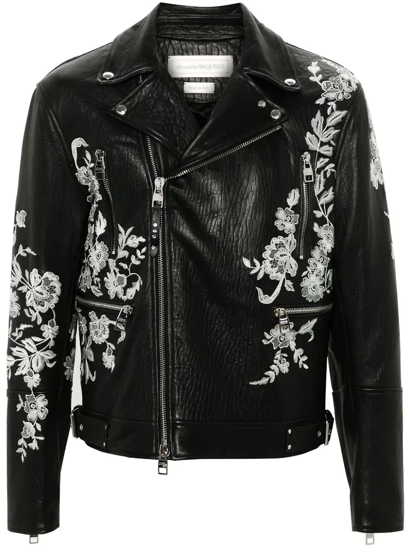 ALEXANDER MCQUEEN - FLORAL EMBROIDERED LEATHER BIKER JACKET