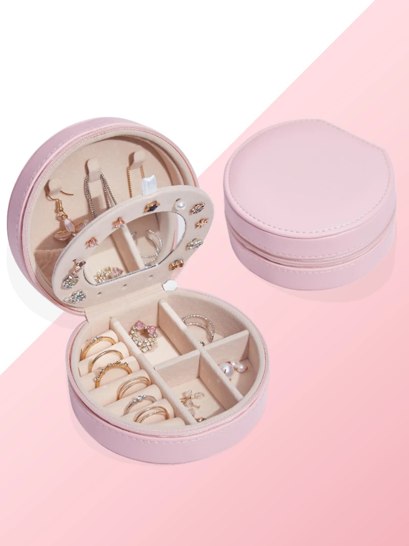 Pink Portable Jewelry Storage Box with Mirror