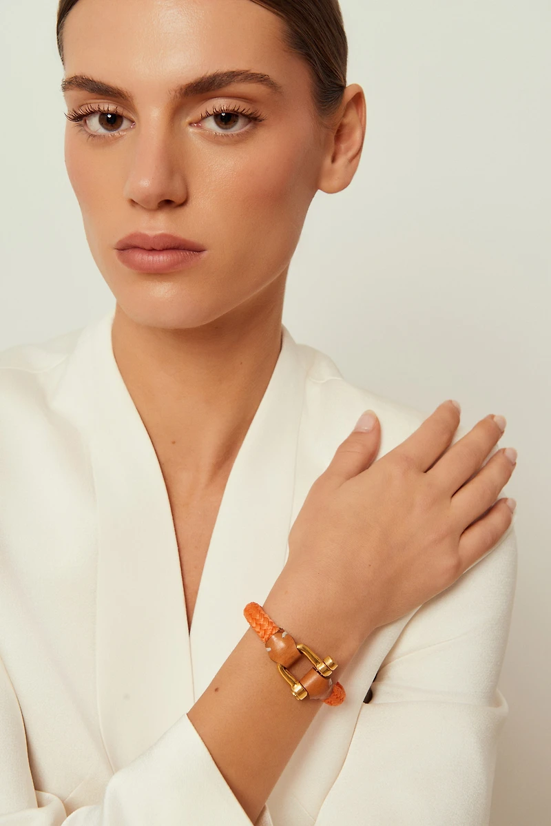Pulsera Grillete Cordón Trenzado Naranja Oro