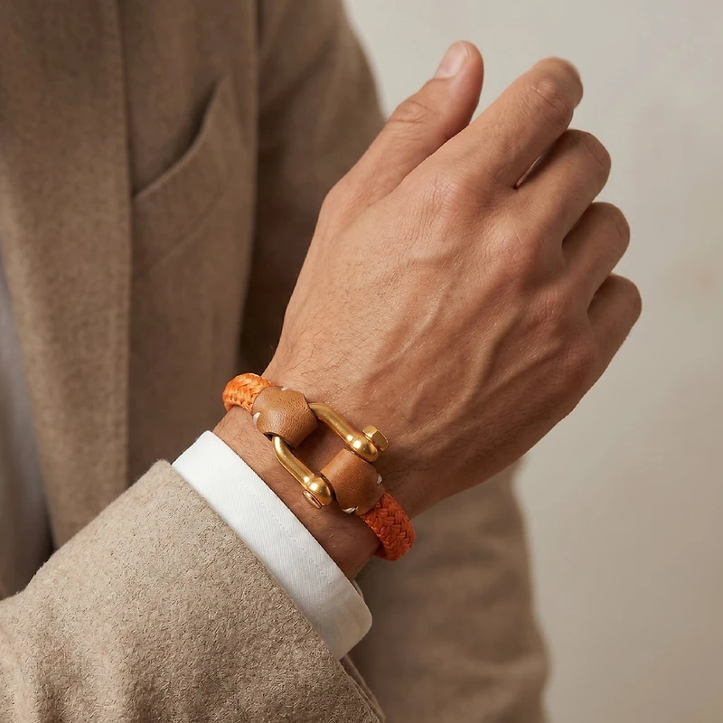 Pulsera Grillete Cordón Trenzado Naranja Oro