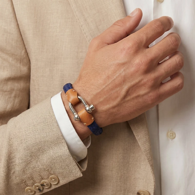 Pulsera Grillete Cordón Trenzado Azul Plata