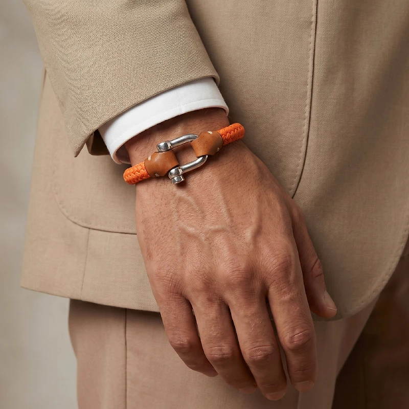 Pulsera Grillete Cordón Trenzado Naranja Plata