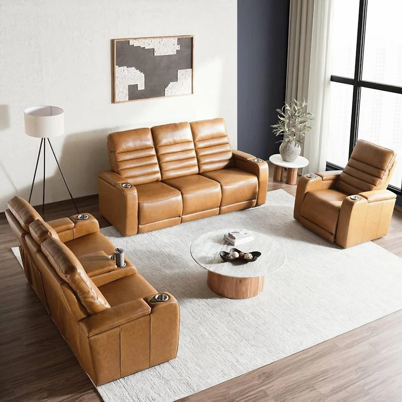 Creston Genuine Leather 3-Seater Power Recliner Sofa with Power Headrest Wireless Charging, USB/C LED lights – Cup Holders & Storage