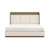 Joan Lift-Up Storage Bed with LED Headboard – Glossy Grey-Beige & Champagne Gold